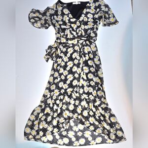 Rewind Black and White Daisy V neck Asymmetrical Dress